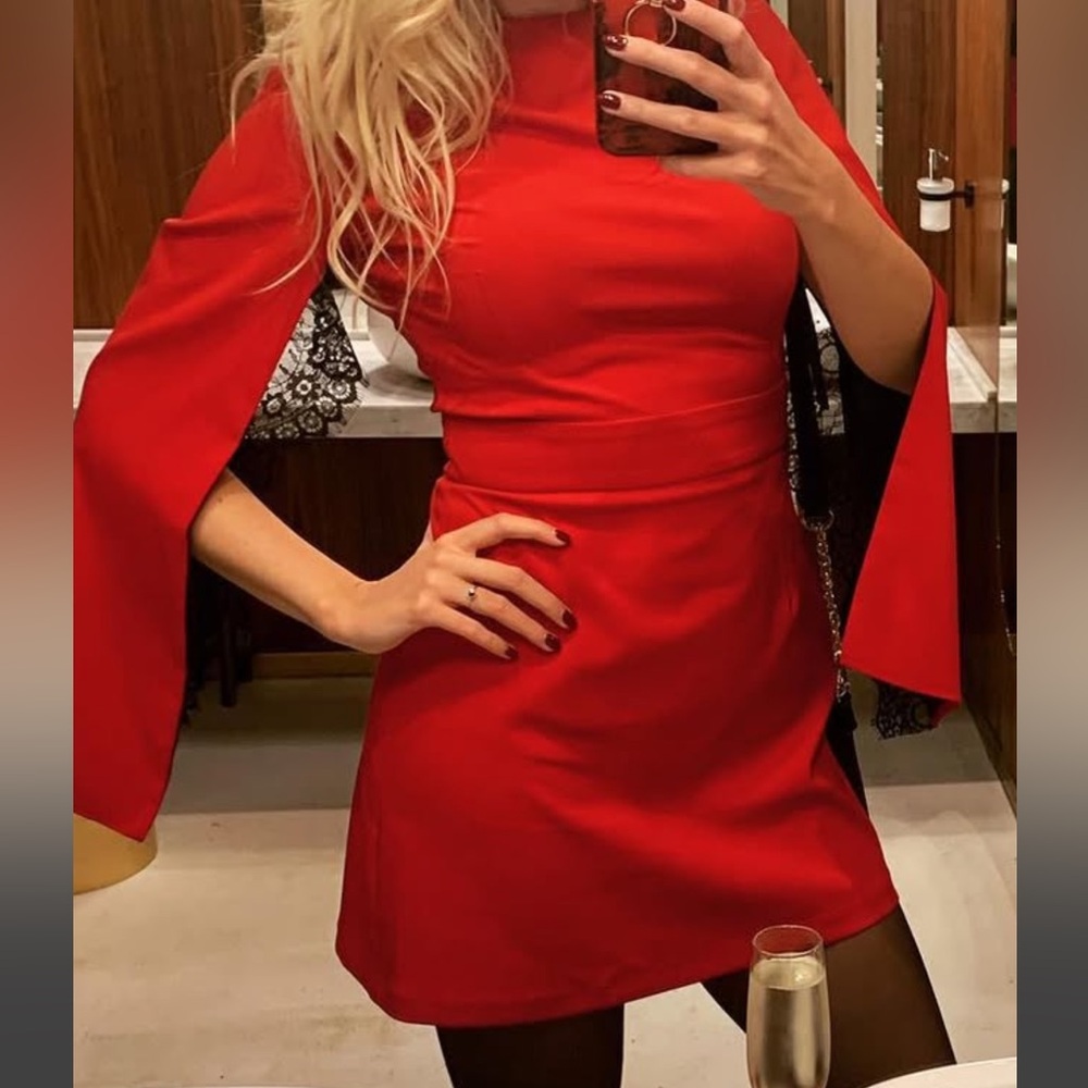 Elegant Red Dress with Lace Sleeves